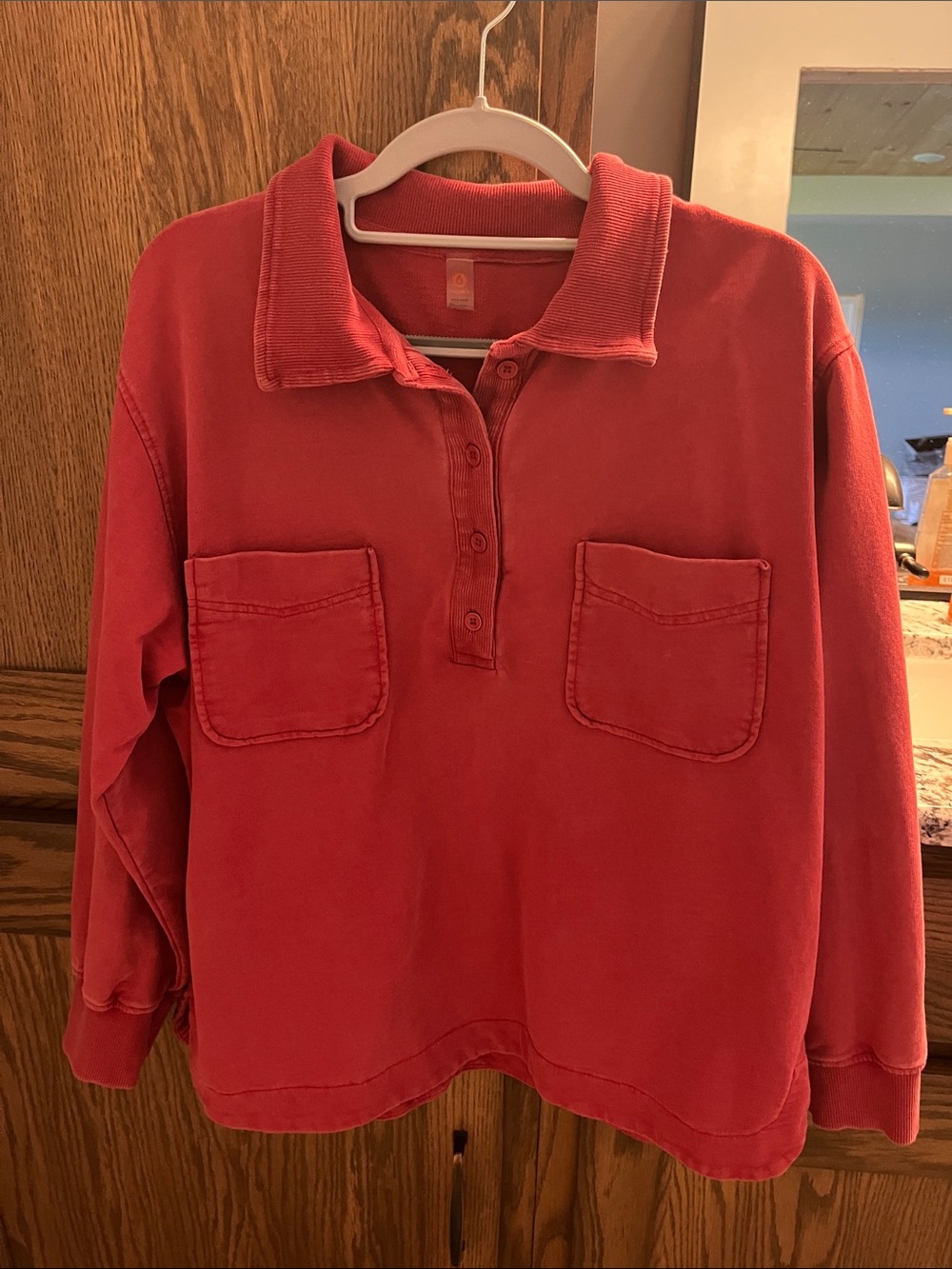 Mono B Vintage Wash Red Long Sleeve Polo Pullover